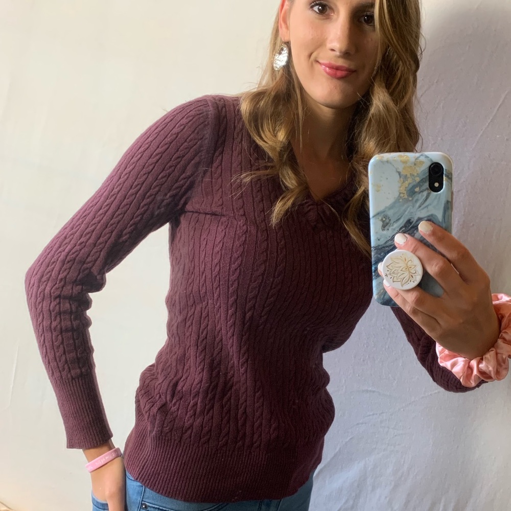 Purple knit long sleeve v neck shirt